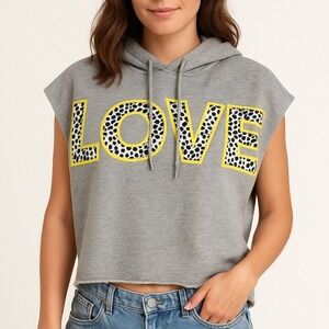 Central Park West Love Sleeveless Hoodie SMALL Gray y2k Animal‎ Print Athleisure